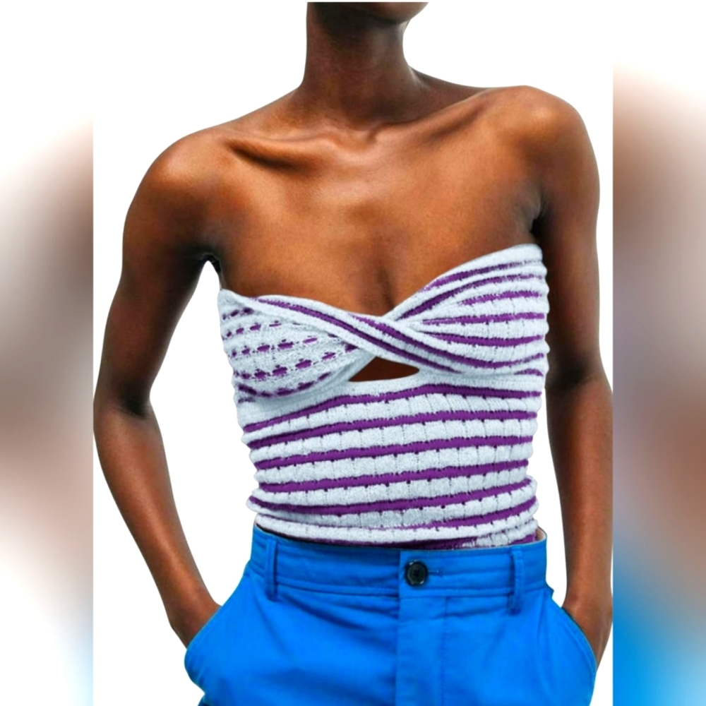 Meladyan Women Twist Front  Cutout Knitted Crop Tube Top